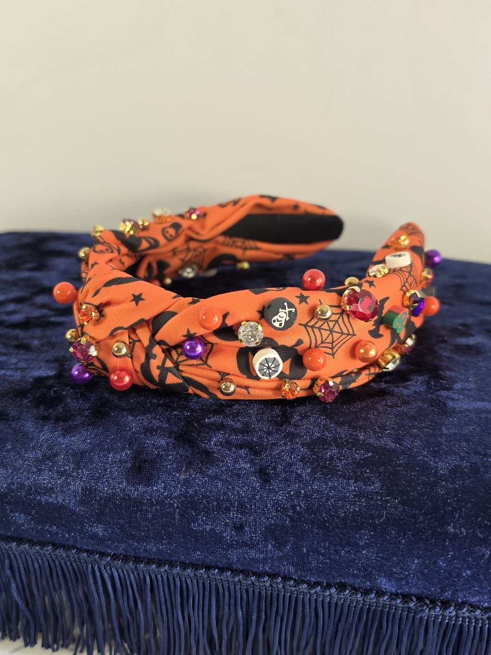 Embellished Orange Halloween Knot Headband with Colorful Beads